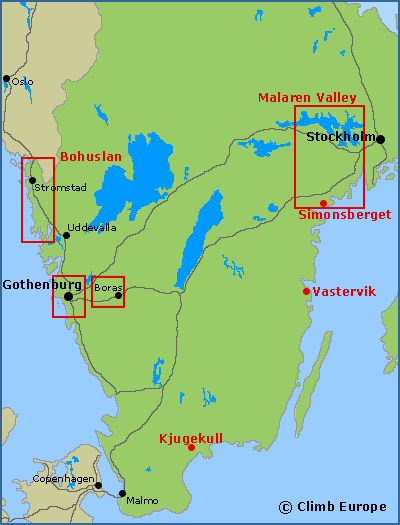 Map of the rock climbing and bouldering areas in Southern Sweden