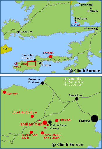 Map of the Datca rock climbing area in Southwest Turkey