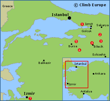 Map of the rock climbing areas in Western Turkey