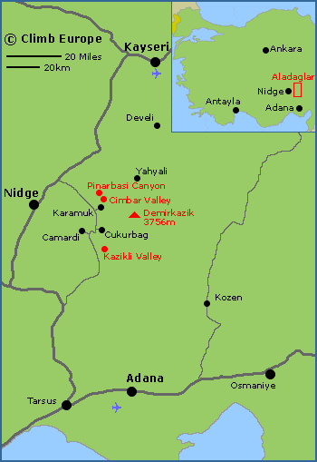 Map showing the Aladaglar rock climbing area in Turkey