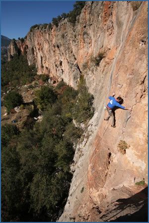 An unknown climber on Festival, F5c+, at Geyikbayiri crag, Antalya