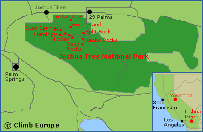 Map of the main rock climbing areas at Joshua Tree National Park