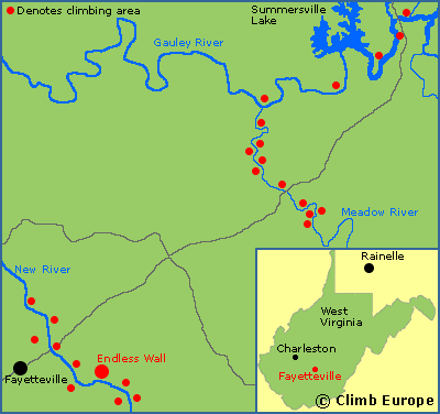 Map of the rock climbing areas at the New River Gorge in West Virginia