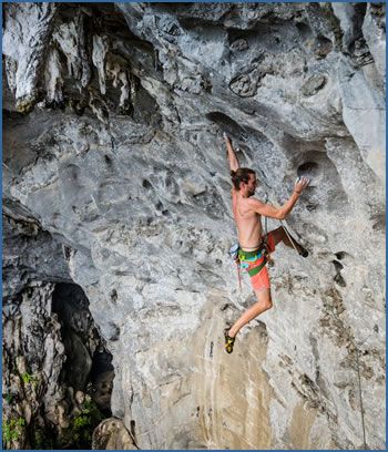 Matthias Gander climbing Cho Cai Fot Life, F7a at Buddha Cave crag