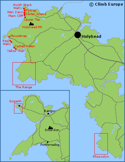 Map of the rock climbing areas at Gogarth on the island of Anglesey