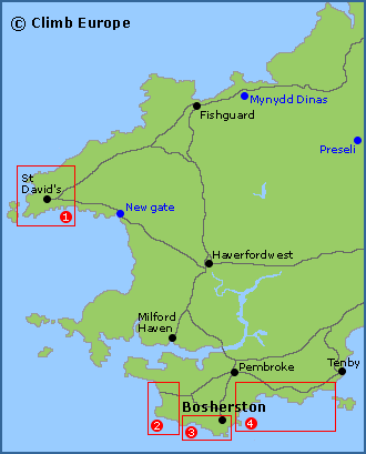 Map of the rock climbing areas in Pembroke