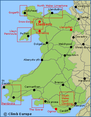 Map of the rock climbing areas in Wales